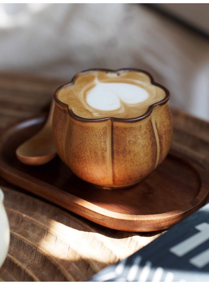 Vintage Flower Rough Pottery Coffee Cup, Ceramic Mug, Creative Tea Cup Coffee Color+Acacia Wood Coaster+Beech Wood Spoon - Image 5